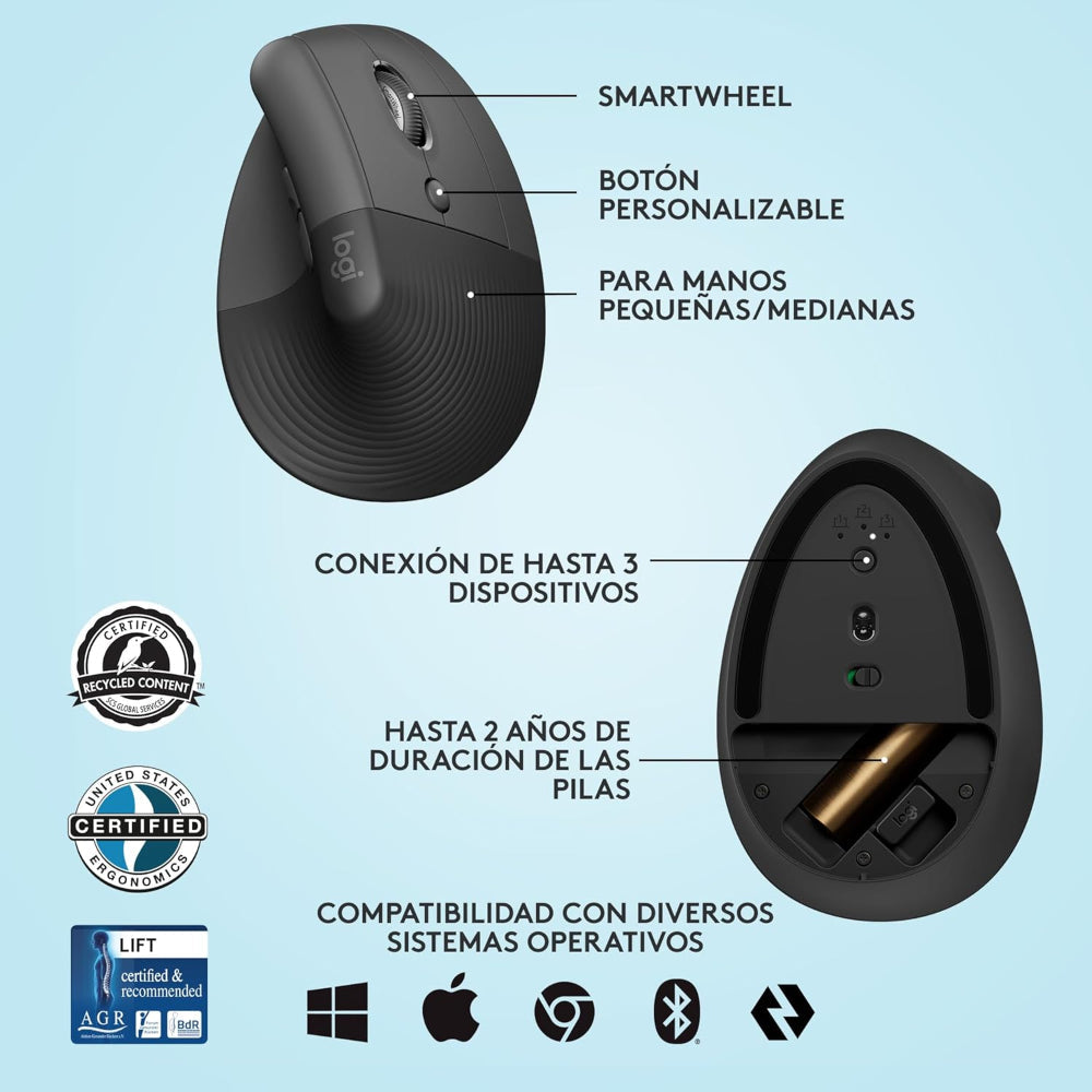 Logitech Lift Vertical Ergonomic Wireless Mouse, 4000 DPI